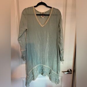 Johnny Was Light green V-Neck Dress with Lace Trim